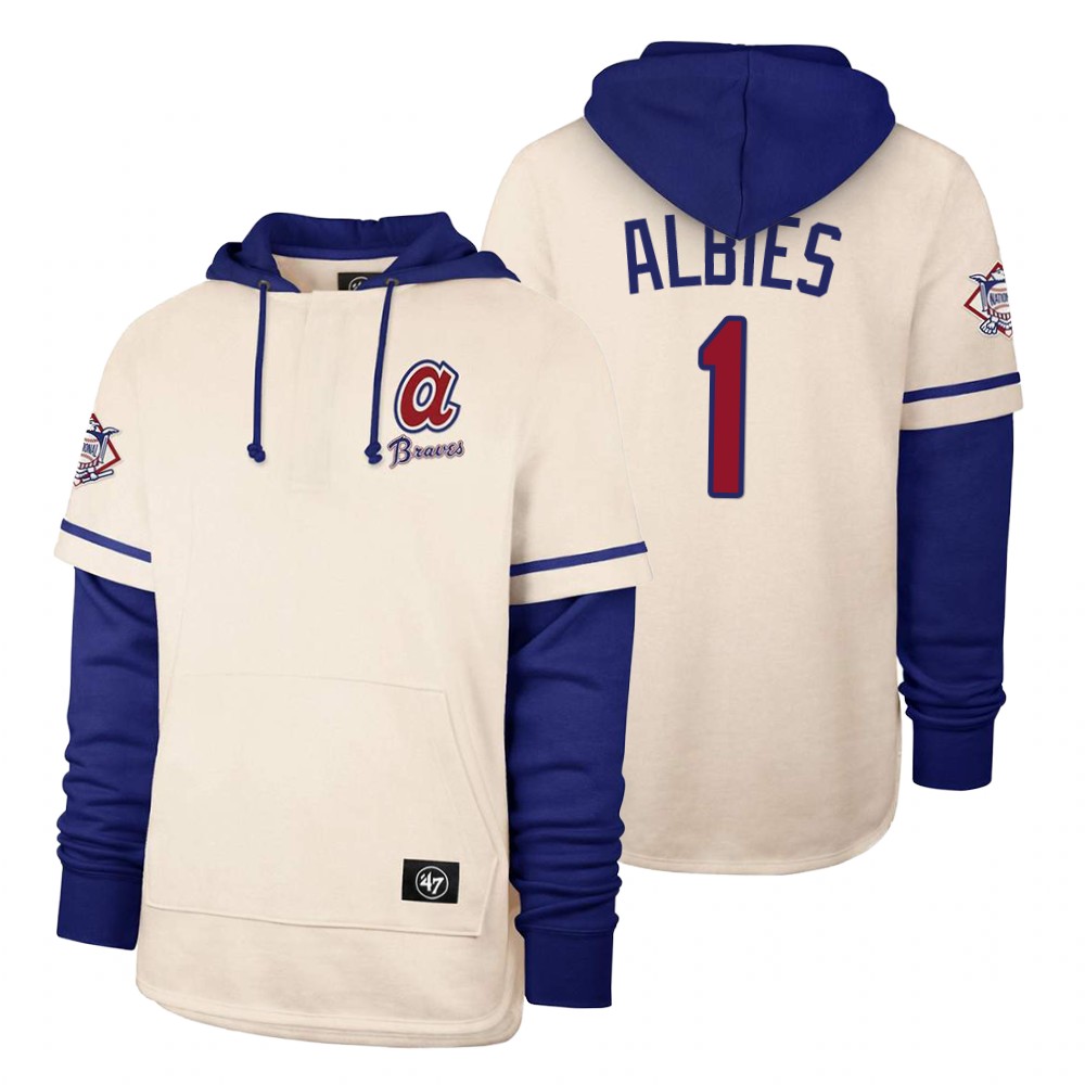 Men Atlanta Braves #1 Albies Cream 2021 Pullover Hoodie MLB Jersey->customized mlb jersey->Custom Jersey